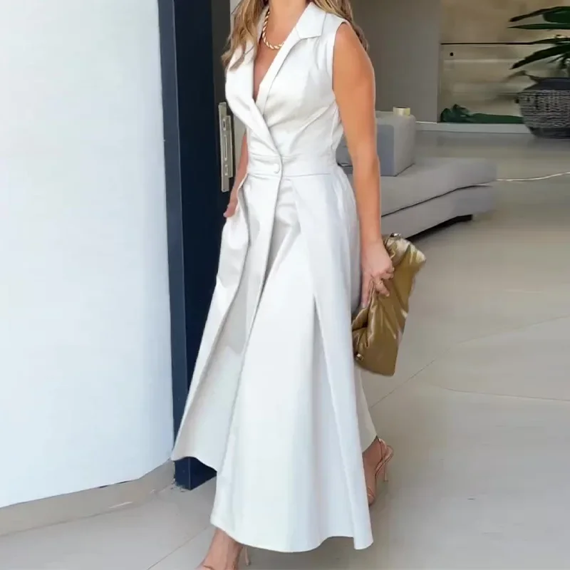 

Solid Color Single Button Suit Dress Women Blazer Elegant Sleeveless Lapel Pleated Long Dress Spring Summer A-Line Maxi Dresses