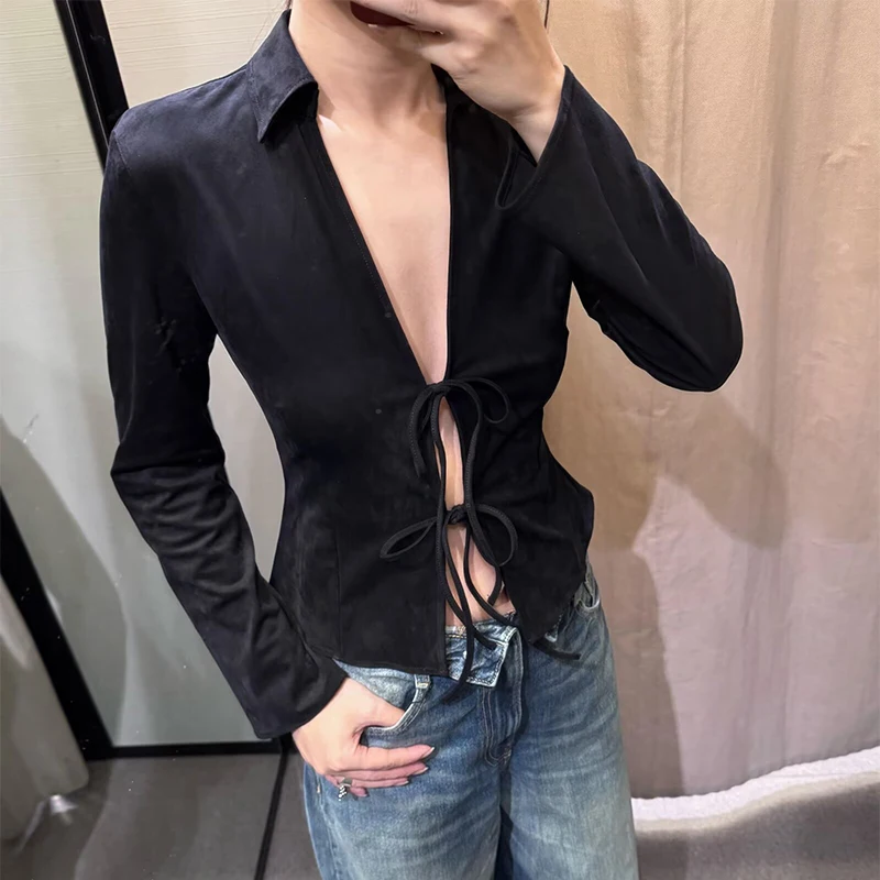 

Women's Black Faux Suede Lace-Up Front Short Jacket - Notched Collar Long Sleeve Short Coat, Fashionable Lace-Up Casual Shirt