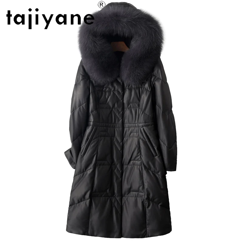 TAJIYANE 100% أعلى الحبوب جلد الغنم أسفل معطف امرأة جلد طبيعي أسود طويل سترة منفوخة الثعلب الفراء طوق 2025 الملابس الشتوية #1
