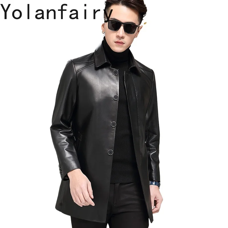 

YOLANFAIRY Высококачественная куртка из натуральной овчины, мужской осенне-зимний Тренч средней длины из тонкой натуральной кожи с лацканами 2025