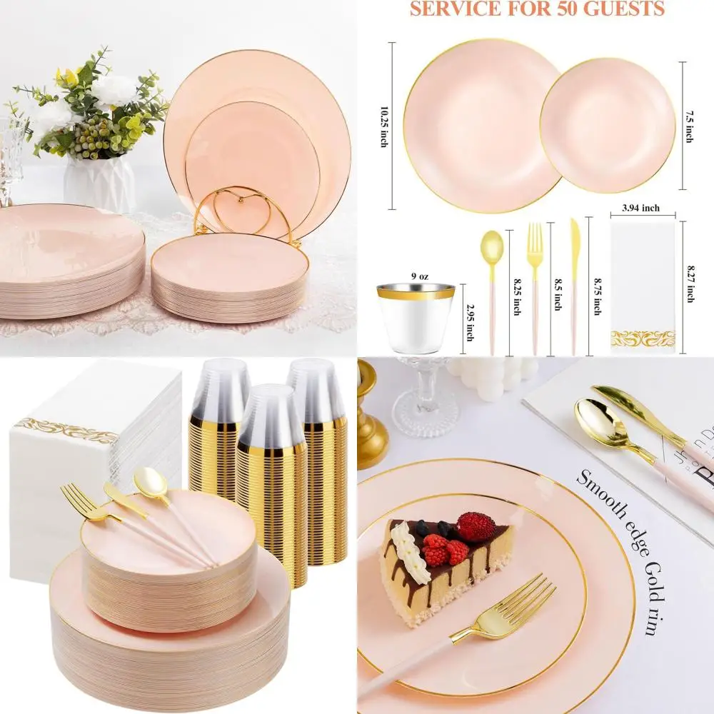 

Pink Gold Plastic Dinnerware Set, 100 Plates + 150 Cutlery, 50 Napkins & Cups for Party & Graduation