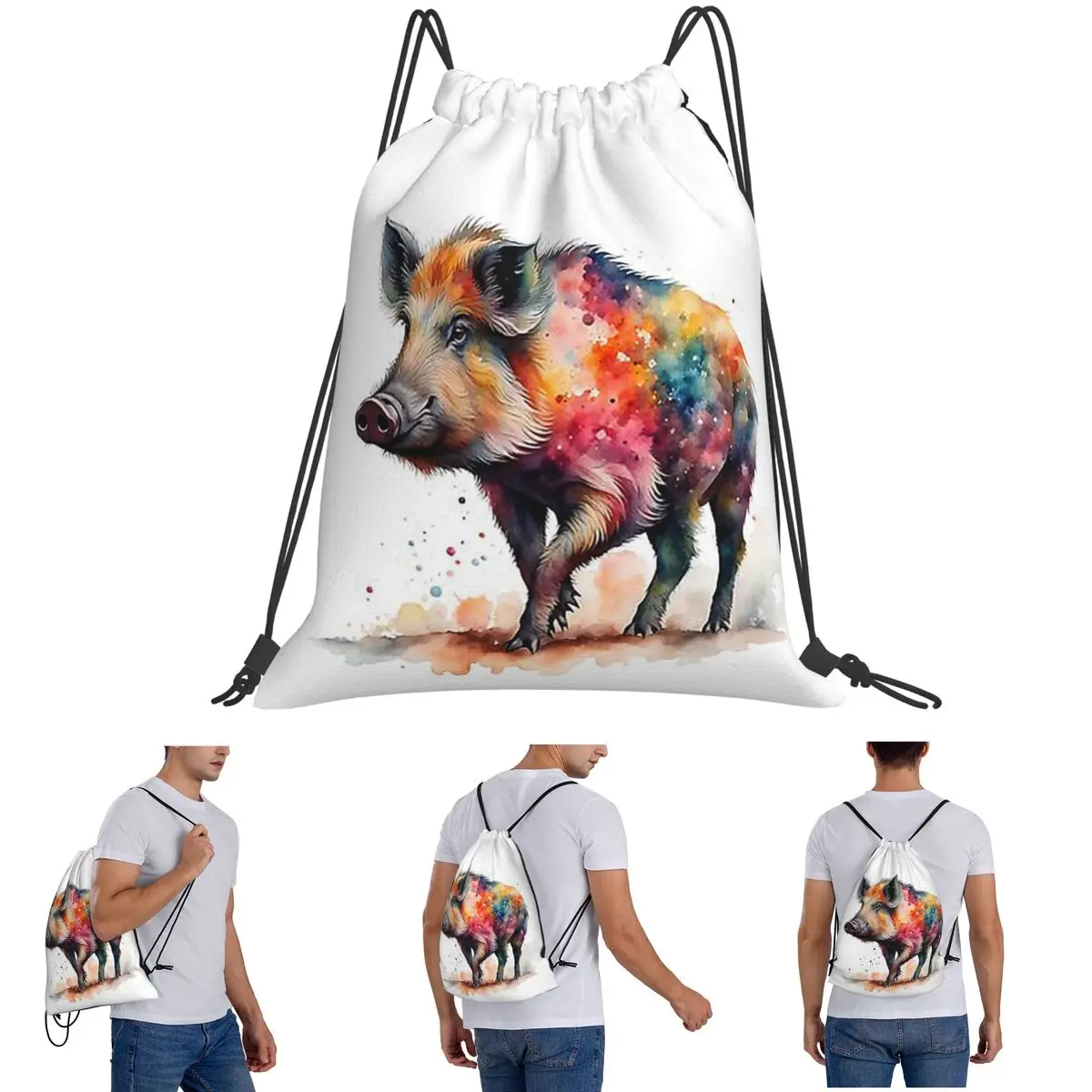 Colorful Watercolor Wild Boar Pig Backpacks Fashion Drawstring Bags Sports Bag Book Bags for Man Woman Students
