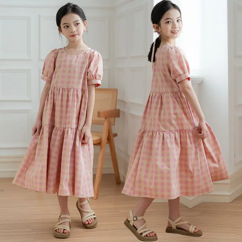 Fashion Kids Girls Dress 2026 Summer Birthday Loose Casual Plaid Dresses Children Vestido Beach Dress for Girl Teen 8 10 12 14 Y