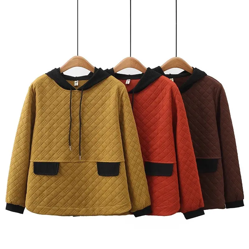 Autumn Style Korean Casual Top Hooded Color Matching Embossed Large Size Long Sleeve Cotton Sweatshirt Quilted Jacket C077