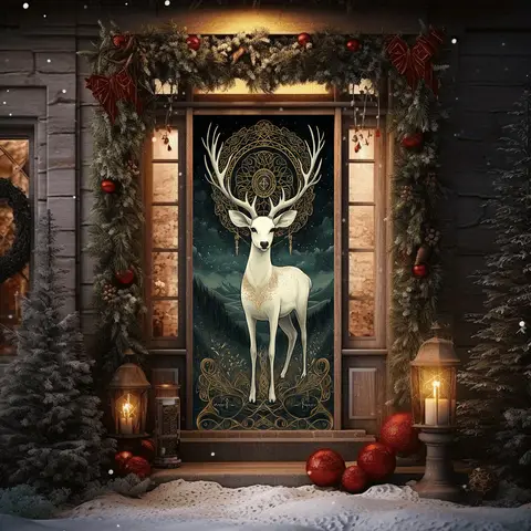 2D Flag Christmas White Reindeer Door Cover - 100% polyester entrance door curtain, no electricity requiredzyc