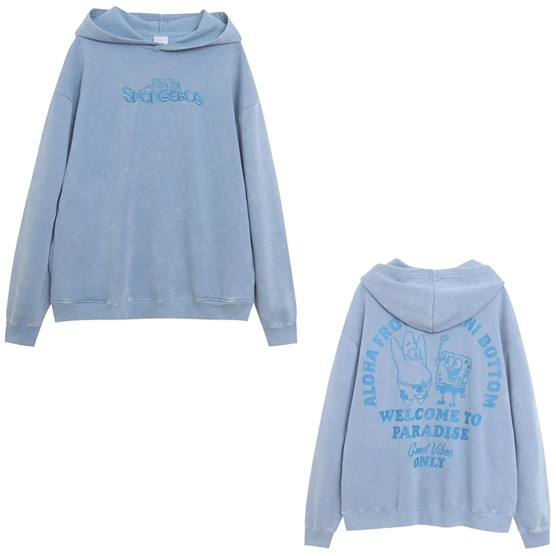 

Washed Vintage Cartoon Letter Embroidery Loose Slim Fit Hoodie Women's Fleece Lined Sweatshirt with Side Pockets Long Sleeve