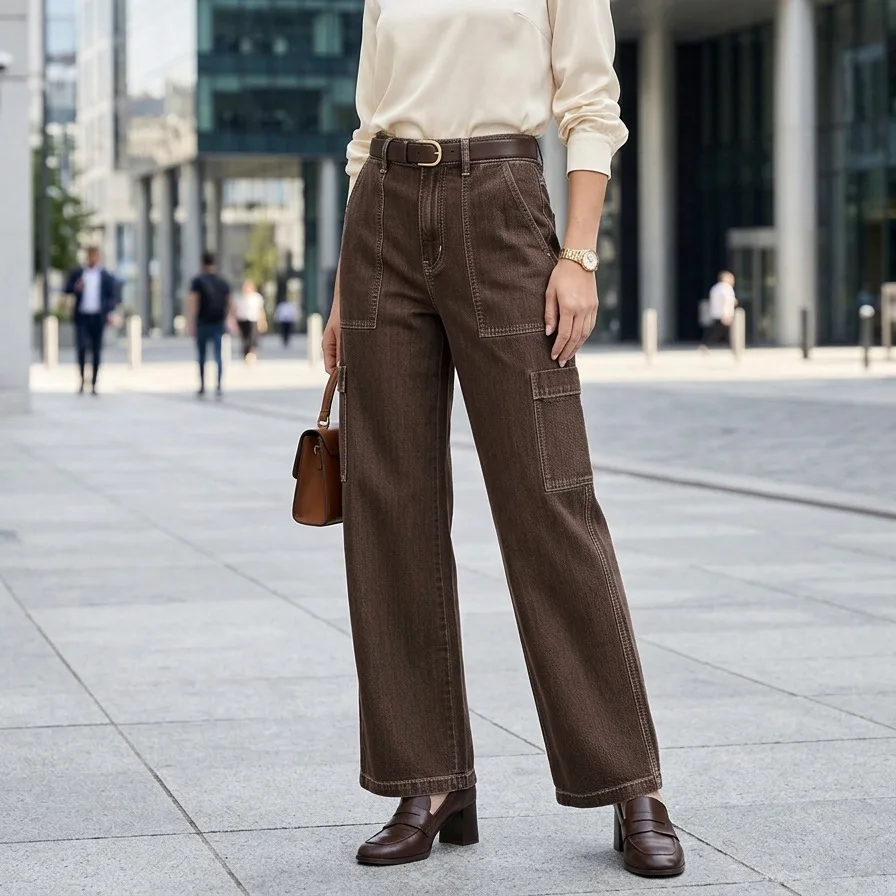 Women's Coffee Colored Straight Leg Jeans Versatile Retro Zipper Loose High Waisted Pants for Ladies 2026 Autumn New