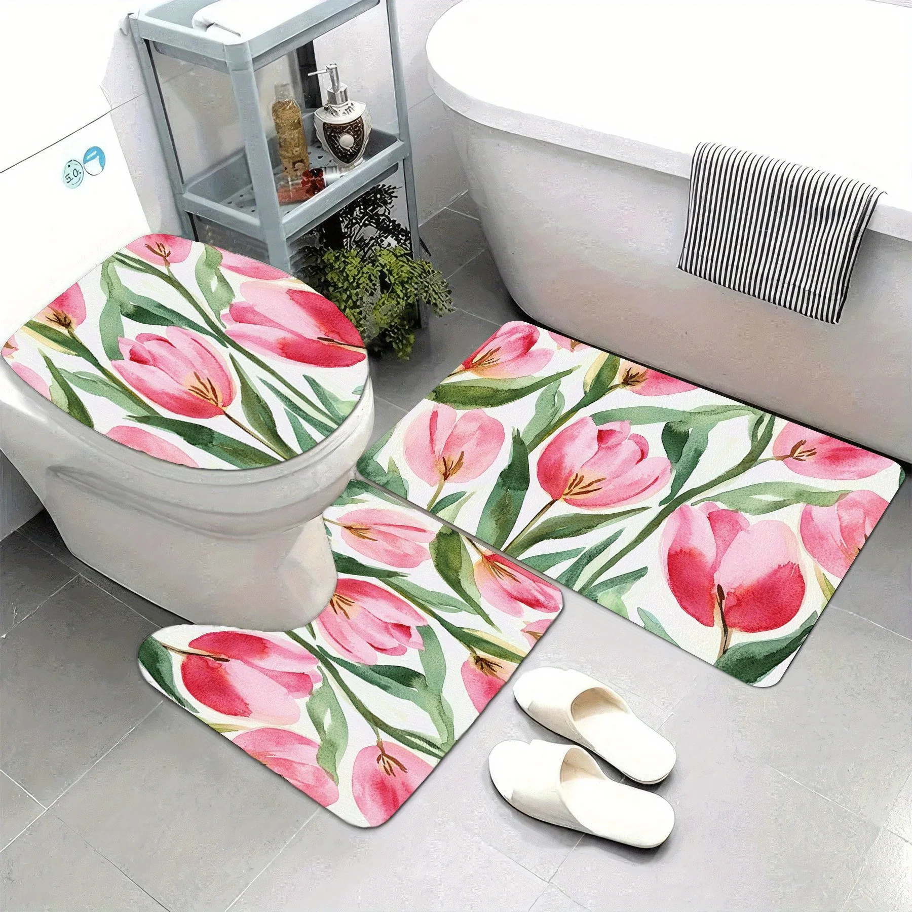 3pcs Super Soft Bathroom Floor Mats Set, Absorbent, with Non-slip Backing, Loose Tulips In Watercolor Print Suitable for Bathroo
