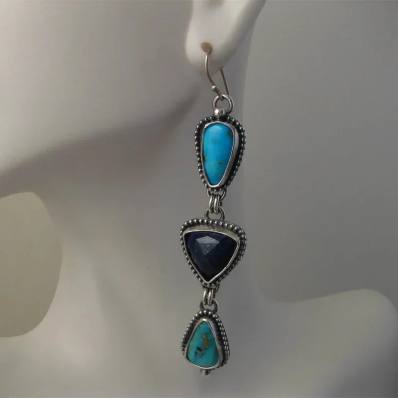 Vintage Triangle Blue Green Stone Earrings Bohemian Ethnic Silver Color Metal Craftsman Carving Pattern Hook Dangle Earrings