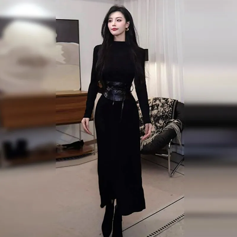 Dresses Long Sleeved Womens Dress Lady Autumn Modal Grayish Blue Half-Turtleneck Smocking Pleated Waistband Preppy Students Chic