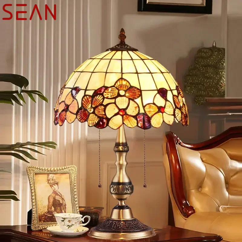 SEAN Modern Brass Tiffany Table Lamp LED European Retro Luxury Creative Shell Desk Light for Home Living Room Bedroom