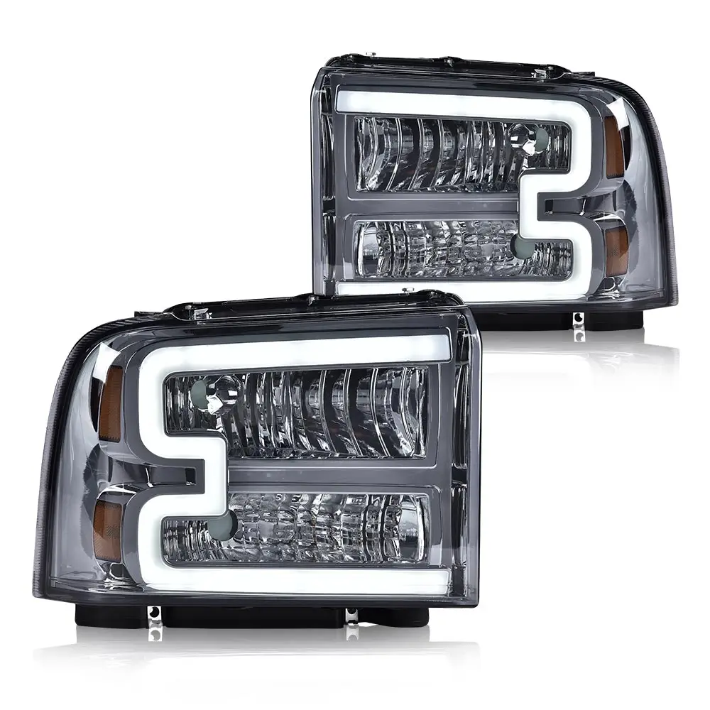 

[Led Drl Bar Headlights Assembly Replacement for 2005-2007 Ford F250 F350 F450 F550 Super Duty/2005 Excursion Chrome]