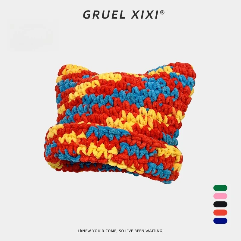 여성을위한 맞춤형 컬러 도파민 고양이 귀 니트 모자 가을과 겨울 두껍고 따뜻한 귀 보호 스컬리 비니