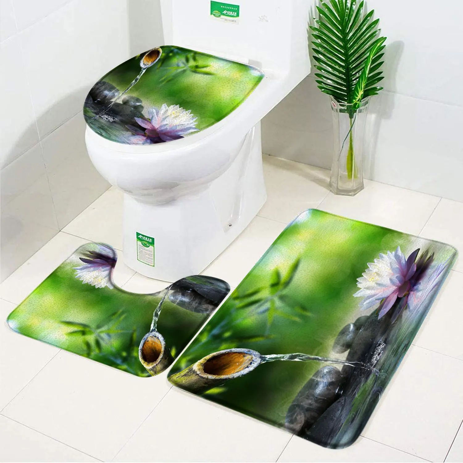 3pcs Set Bamboo Bath Mat Orchid Zen Stone Decor Flannel Anti-slip Bathroom Rug Carpet Machine Washable Toilet Cover Set Foot Mat