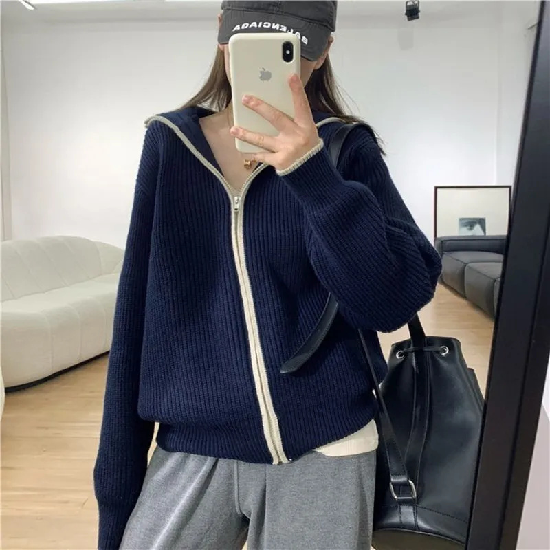 Autumn/winter matching color thick stand collar cashmere knit cardigan women\'s loose zipper wool sweater coat age-reducing