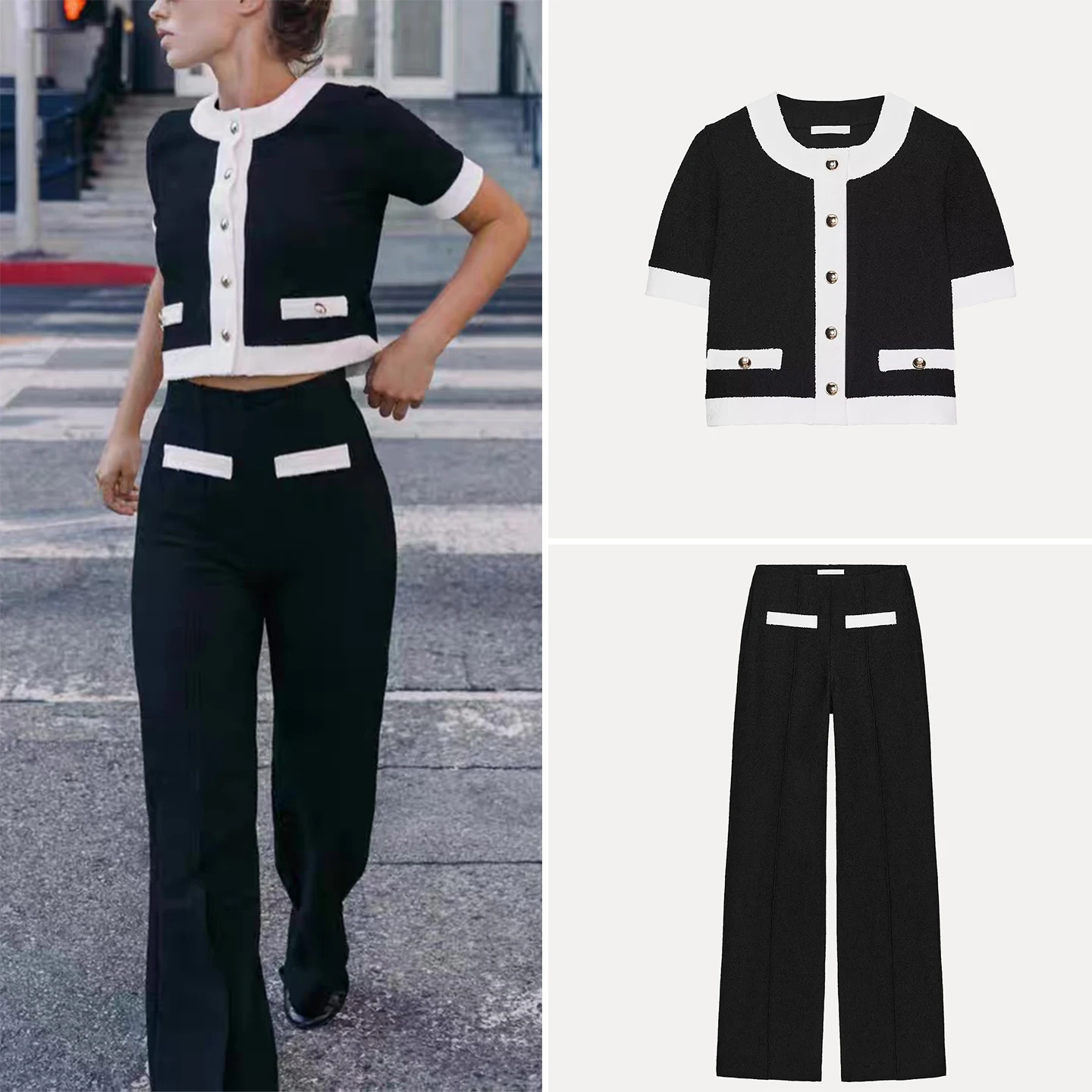 Z 2025 New Faion round Ne ort Sve Outerwear And High Waist Pants Women's Sli Set High Waist European Sle ...