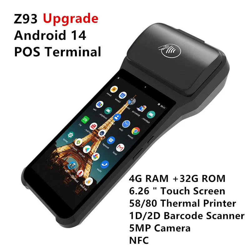 

POS-терминал Z93 4G на Android 14 с 6,26-дюймовым сенсорным экраном, мобильным платежным терминалом, NFC, сканером штрих-кодов и 80-мм термопринтером