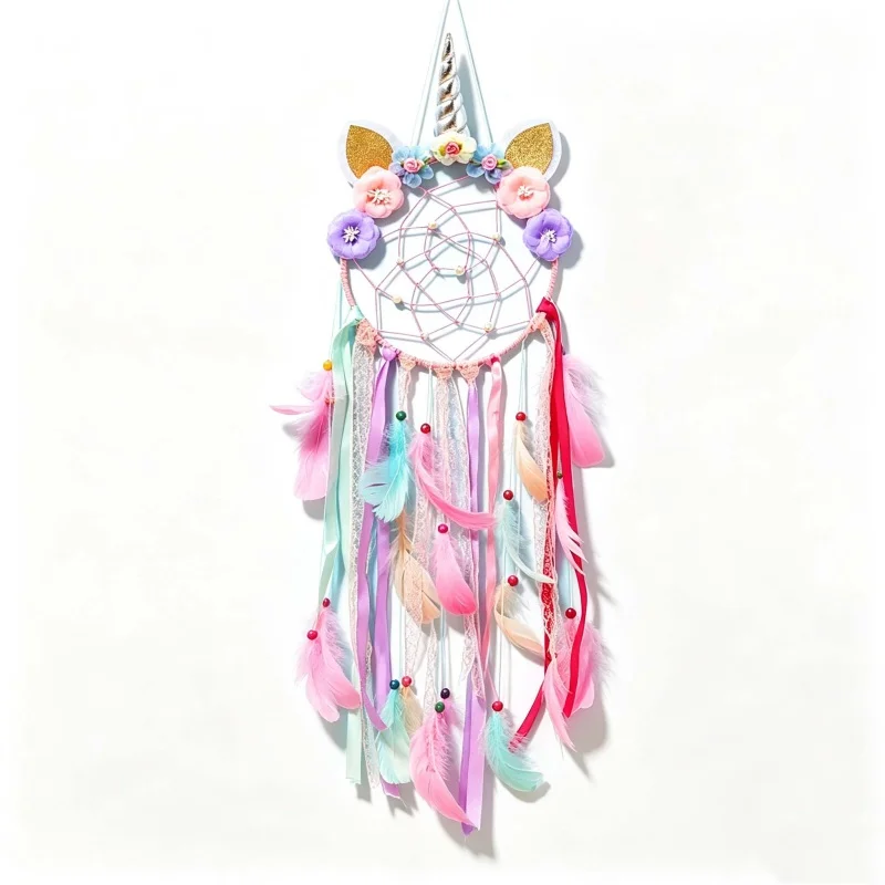 Unicorn Dreamcatcher Wall Hanging, Indian Feather Lace Decor, Creative Home Wall Ornament, Sweet Girl‑Style Wall Art Decor Gift