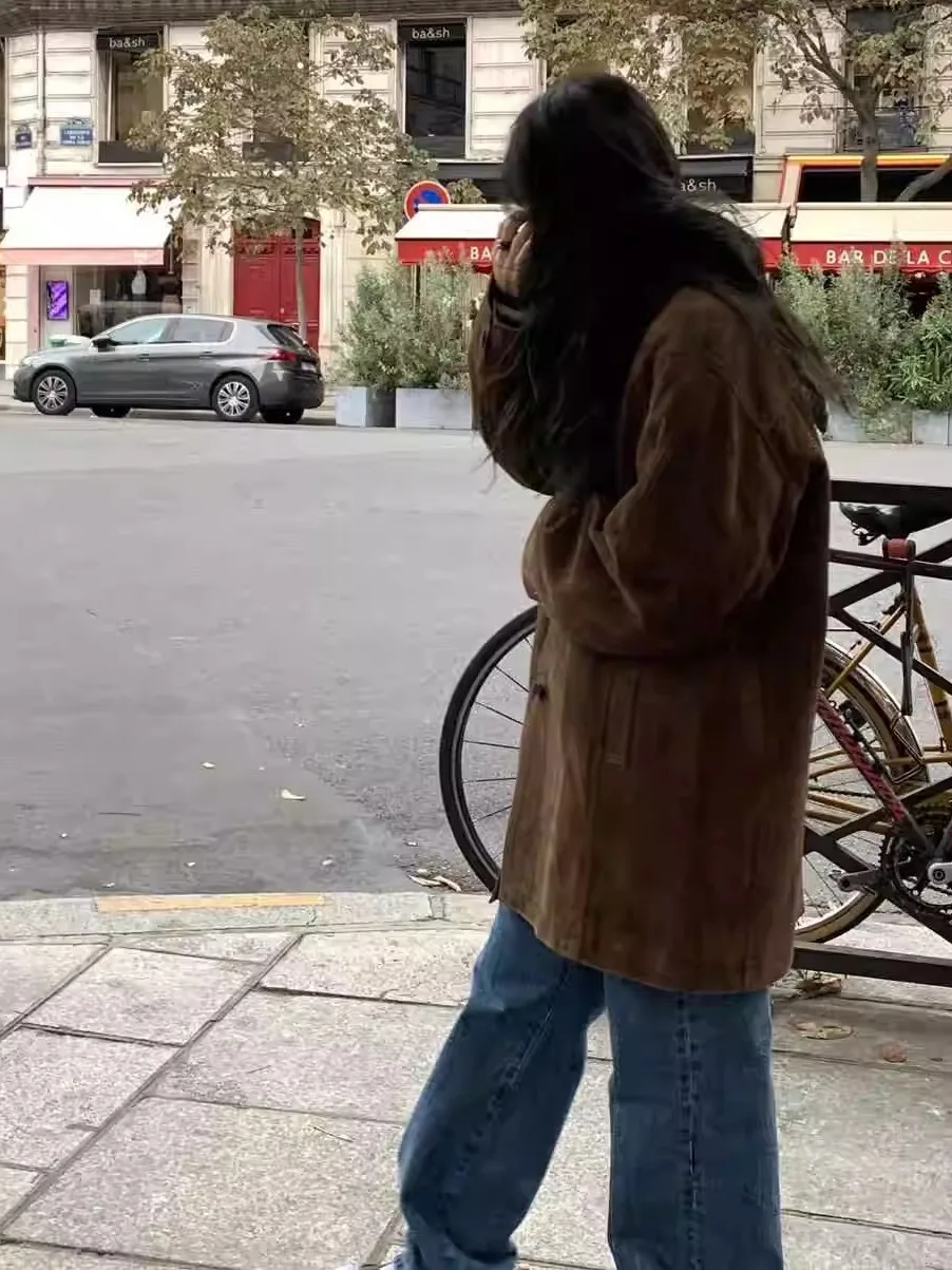 Le*obe Dongda Gate Terno F Vintage de Camurça com Gola Lapela e Decote Amplo, Estilo Versátil para o Dia a Dia, Manga ...