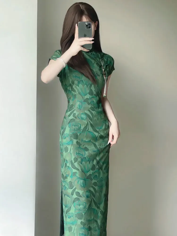 

Chinese Style Retro Print Slim Long Cheongsam Vintyage Summer Print For Girls' Daily Vintage Short Sleeve Qipao Party Dresses