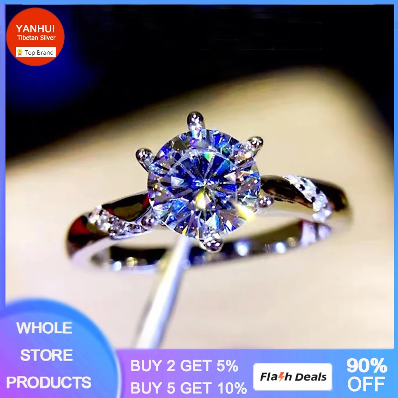 YANHUI Original Certified Tibetan Silver Jewelry Engagement Rings for Women Round 1 Carat Zirconia Wedding Band Lover Gift