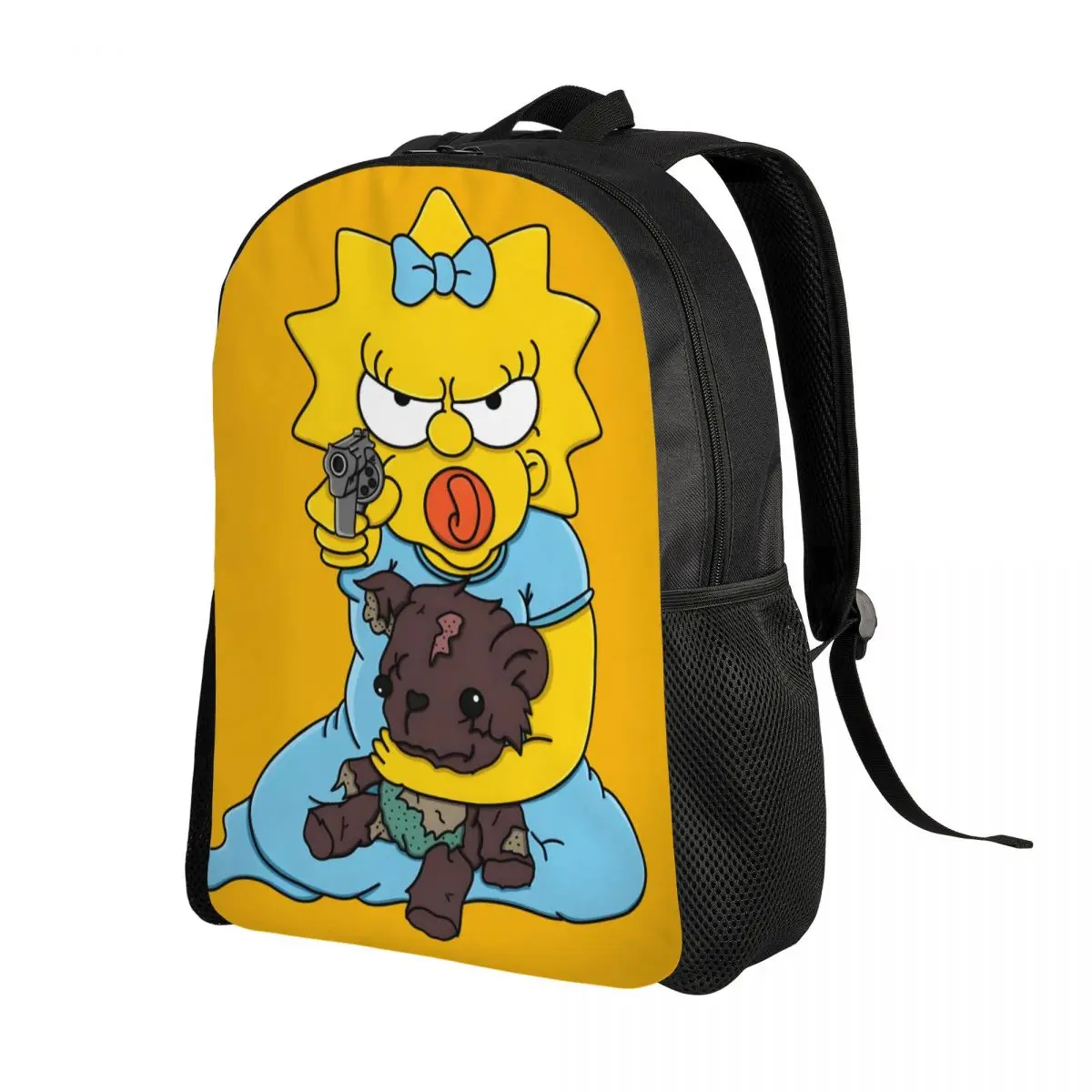Custom Maggie Simpsons กับปืนกระเป๋าเป้สะพายหลังสําหรับชายหญิงนักเรียนโรงเรียน Bookbag เหมาะกับแล็ปท็อปขนาด 15 นิ้วกระเป๋าการ์ตูนตลก