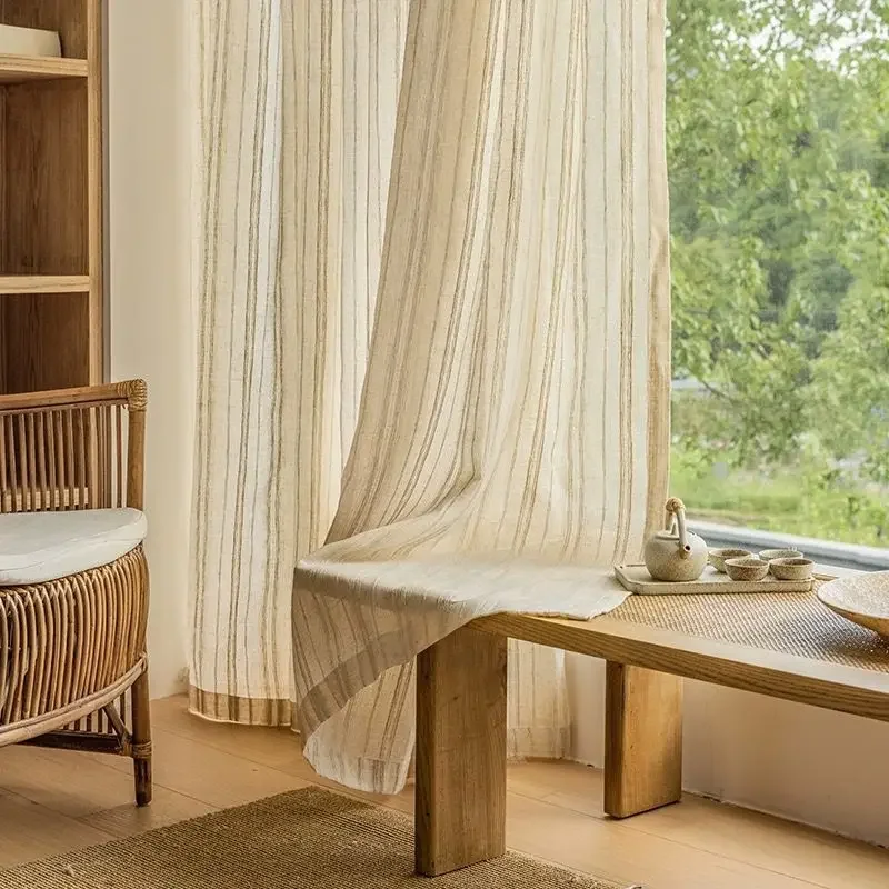 

Japanese Style Retro Beige Cotton Linen Stripe Design, Curtains For Living Room, Window Screen Bedroom Translucent Tulle Drapes