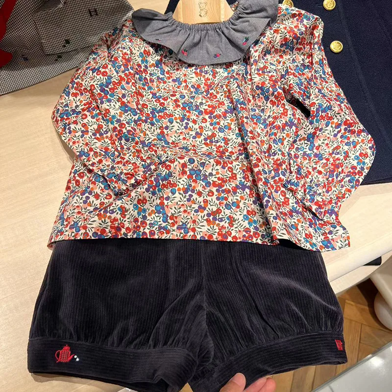 Girls\' Shirt 2023 Autumn and Winter Trendy Brand Boutique Children\'s Clothing Family Cotton Floral Shirt + Shorts Set