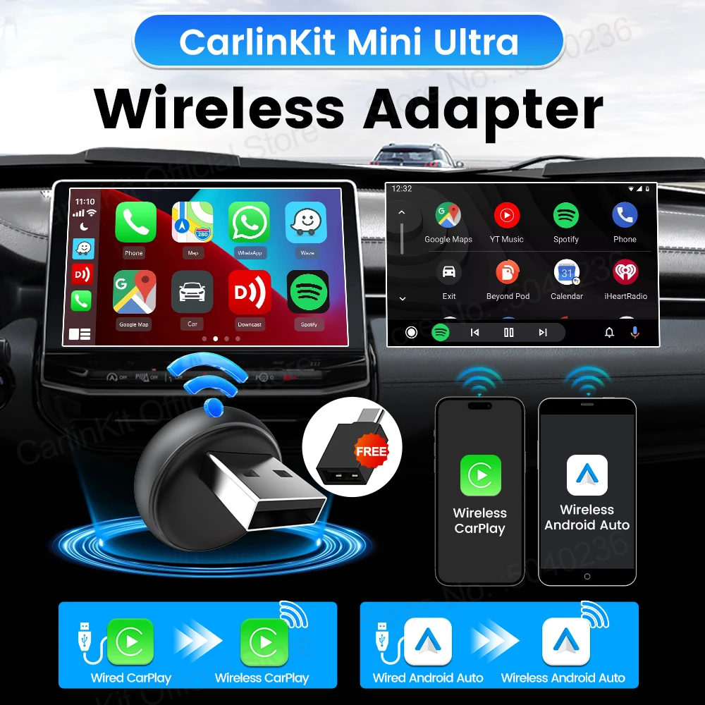 Nuevo CarlinKit 5.0 Mini Ultra3 inalámbrico Android Auto y CarPlay 2 en 1 adaptador inalámbrico WIFI Bluetooth Auto Connect Smart Mini Box Plug and Play para autos
