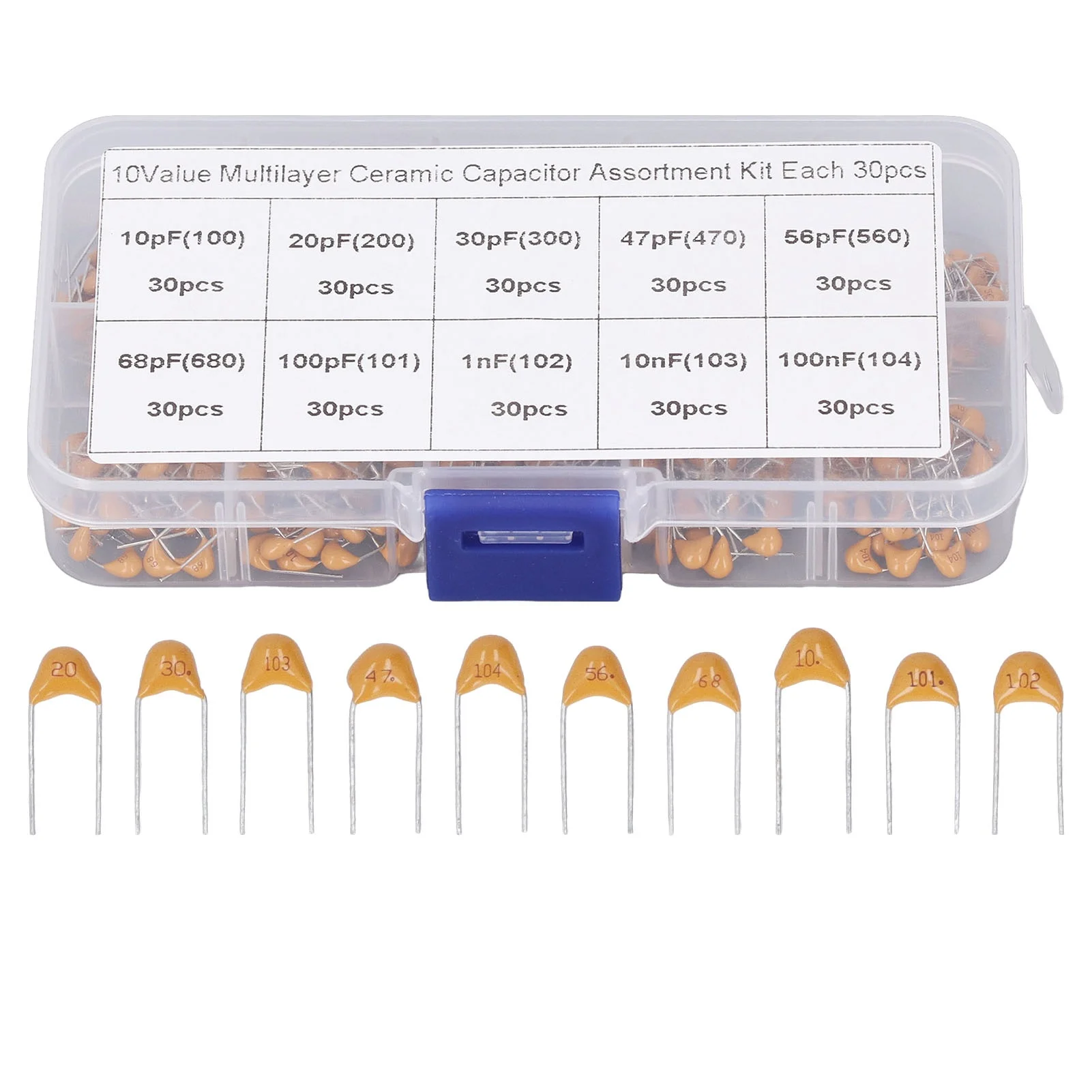 300PCS Monolithic Ceramic Capacitor Capacitance Stabilization Ceramic Chip Capacitor Assortment Kit 10PF to 100NF