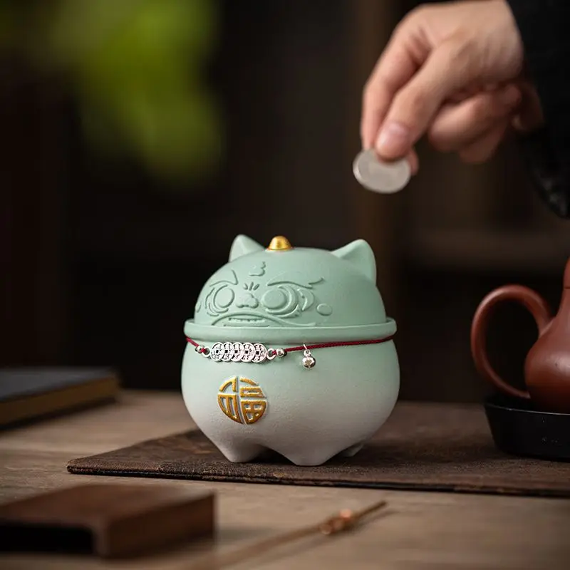 Light Green Ceramic Lucky Cat Piggy Bank, Cute Cartoon Coin Money Box With Gold Fu Pattern, Decorative Figurine For Home Office