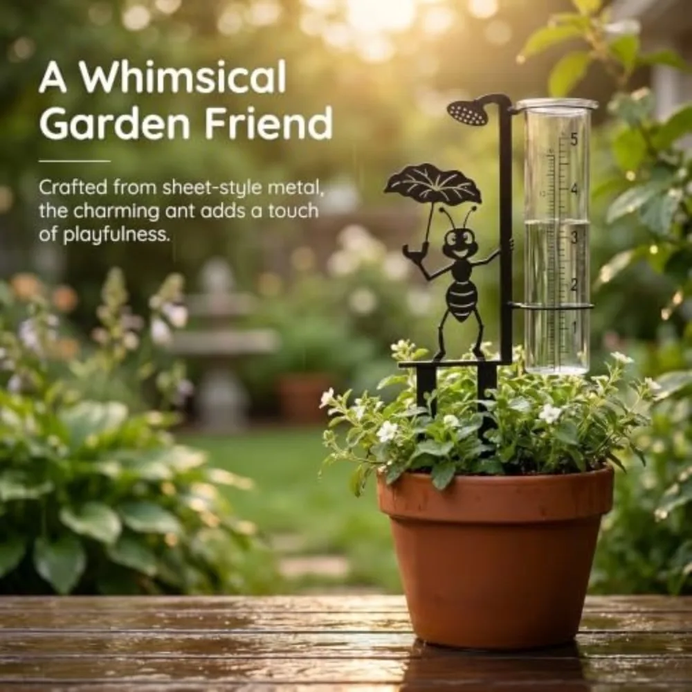 Dual Scale Outdoor Rain Gauge Clear Tube Cartoon Ant Design Decorative Rain Gauge Black Metal Stake Two Pointed Lower Prongs