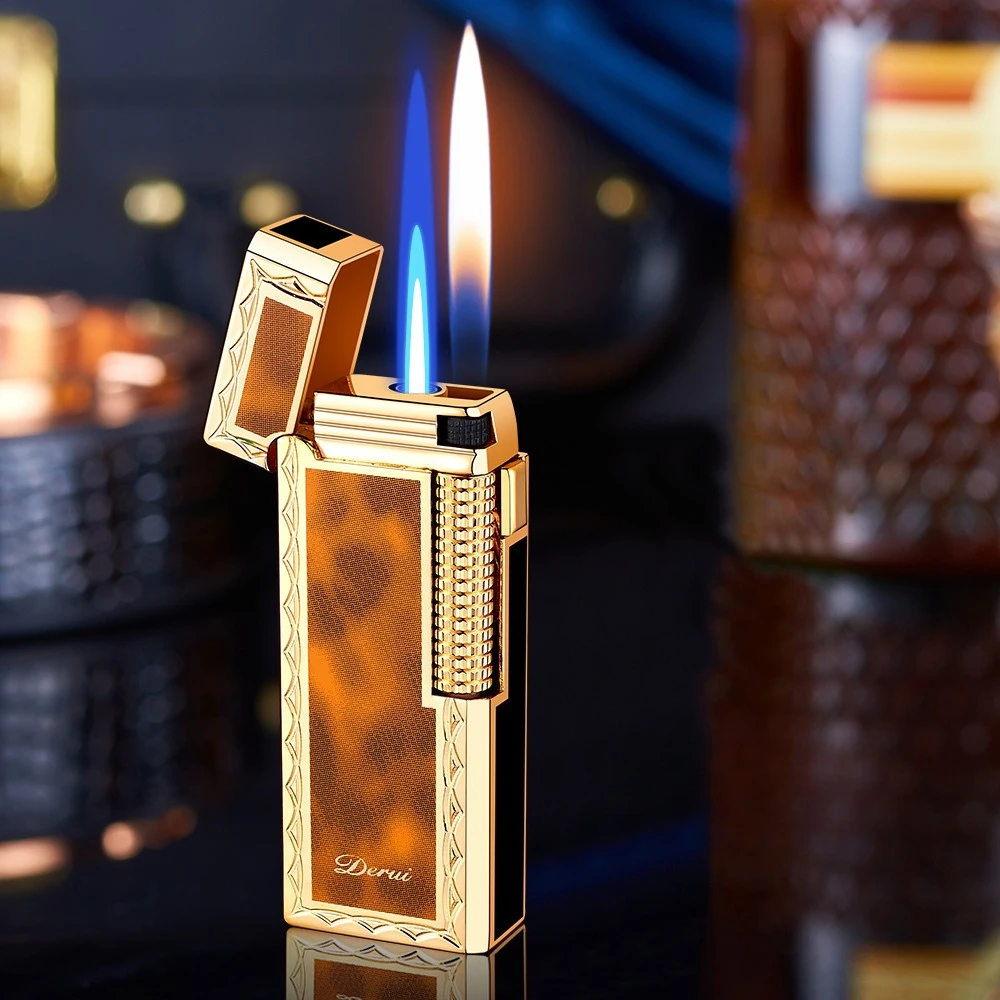 DERUI Neues Gasfeuerzeug in schmaler Version, Dual Flame Switching, exquisit und kompakt, Metall, Schleifscheibe, Geschenk für Männer und Frauen
