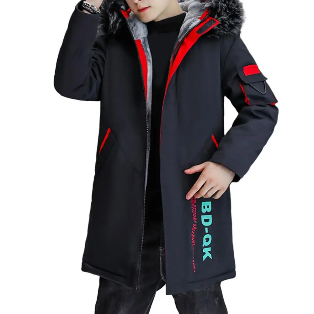 Autumn Winter Parkas Jacket for Men Patchwork Color Jacket Hooded Fleece Thick Mid-length Coat Cotton-Padded Long Jacket