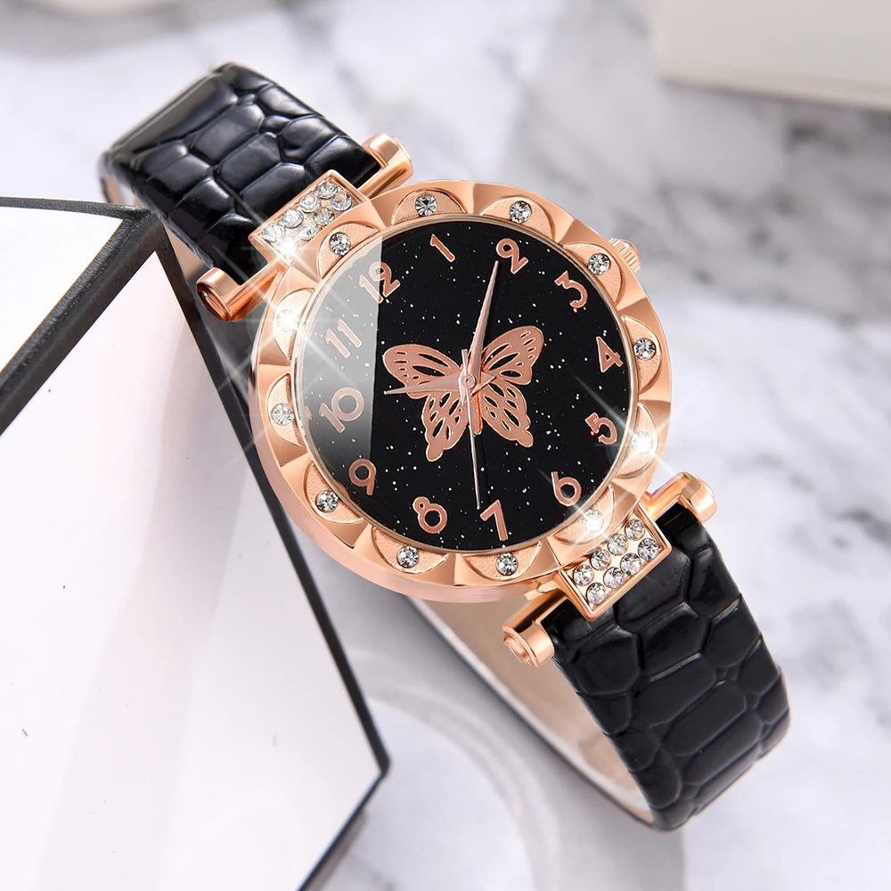 ﻿ 5Pcs Women\'s Quartz Watch Black Butterfly Pattern Leather Quartz Watch and 4 Stylish Casual Bracelet Watch Set