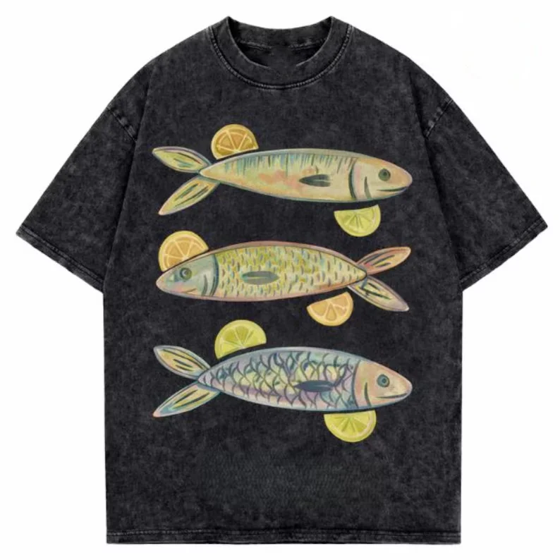 Vintage Washed T-Shirt mit tropischem Fisch-Print, farbenfrohes Aquarium-Meereslebewesen-T-Shirt, lässige, locker sitzende Kurzarm-Tops für Herren und Damen – Detail 2
