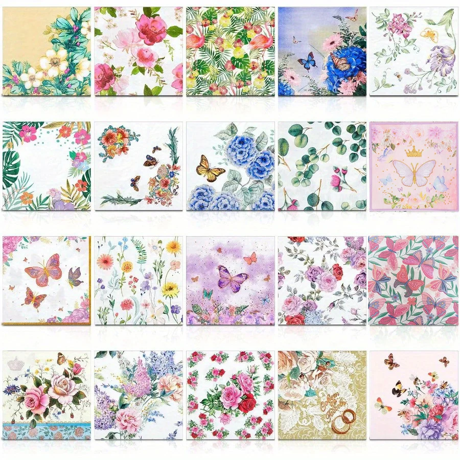 Serviettes en papier à 2 plis, 20 pièces, motif floral, imprimé Hortensia et papillon, jetables, pour bricolage, artisanat, serviette de table de mariage