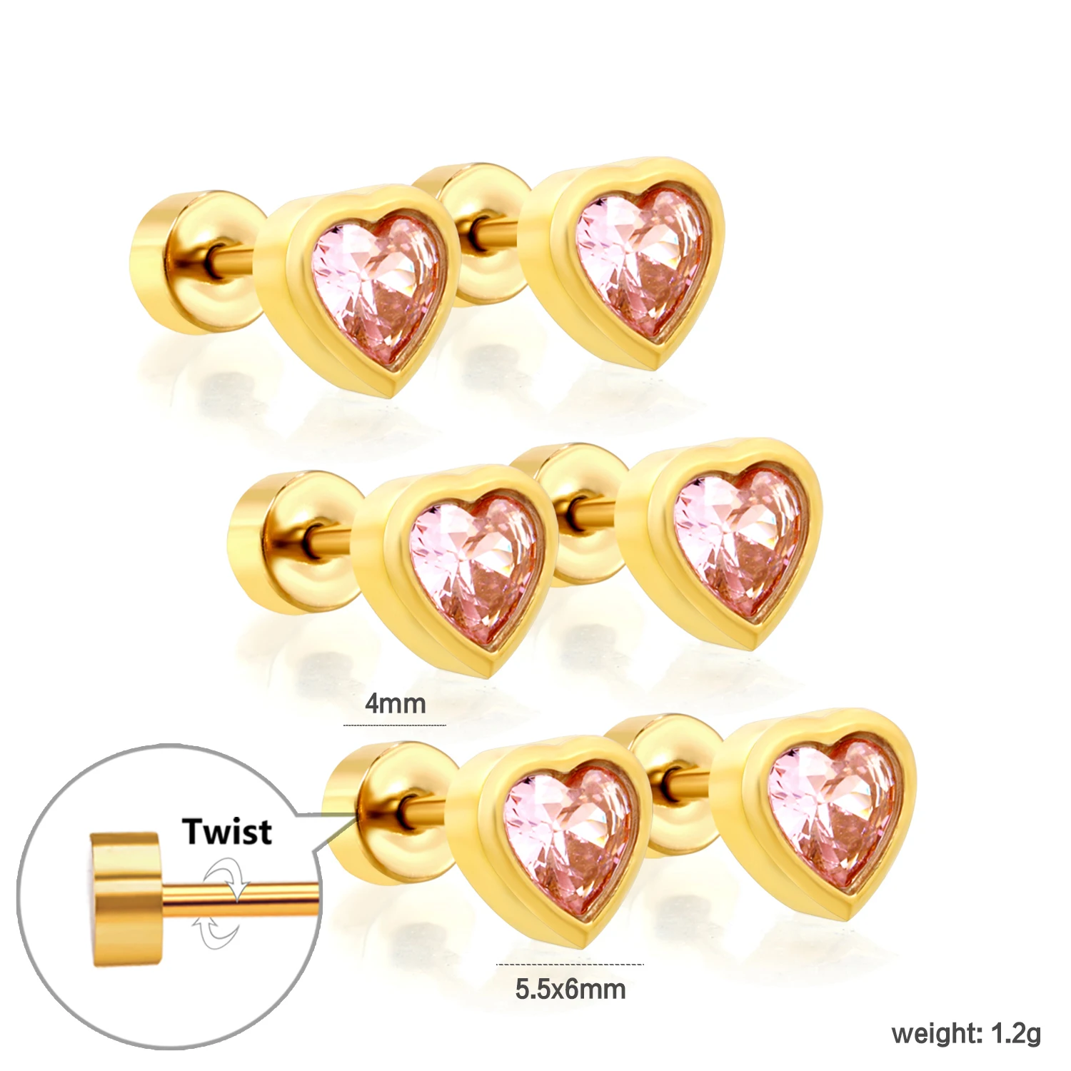 3 Pairs Sweet Romantic Heart Stud Earrings Pink Cubic Zirconia for Women Dainty Elegant for Daily Party Birthday Gift Ear Jewelr