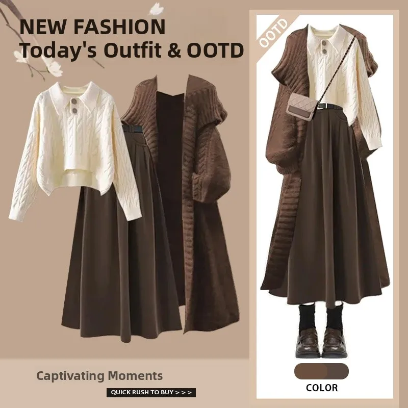 

Winter Women's Knitted Sweater Coat Set Gentle Sle Long Sve Casual Faion Tee-Piece Ensemble Slimming Midi Skirt