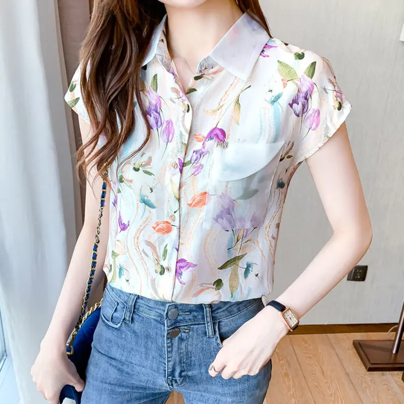 2023 New Summer Elegant Printing Pocket Turn-down Collar Short Sleeve Blouse Femme Fashion Patchwork Chiffon Shirts Women Clothe