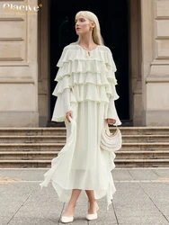 Clacive Casual Loose Beige Women Dress 2025 Fashion O-Neck Long Sleeve Ankle Length Dresses Elegant Classic Ruffle Female Dress