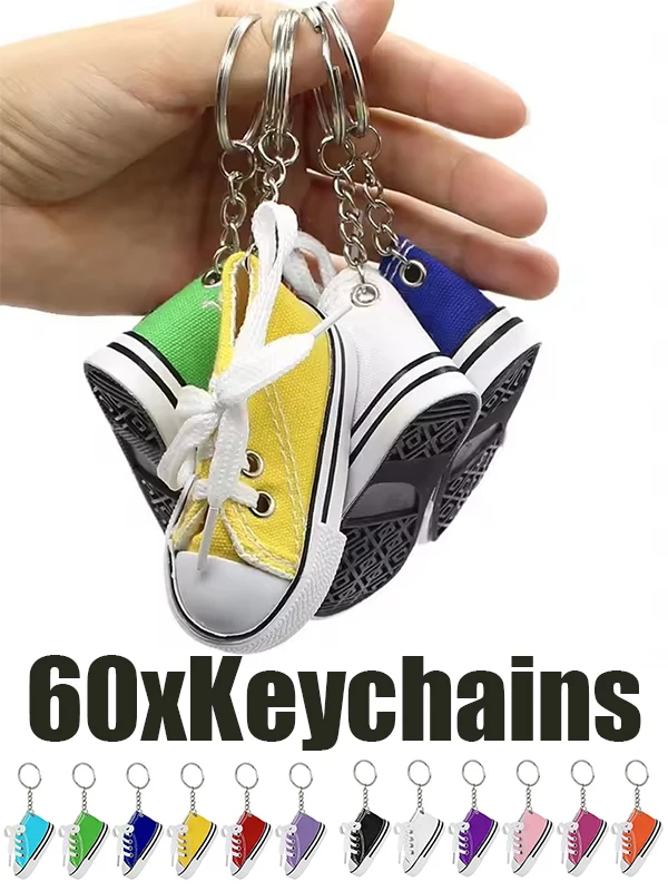 60Pcs Canvas Sneaker Key Chains Tiny Shoe Keyring Pendants Cute Mini Sneaker Charms for Kids Gift Backpack Decoration