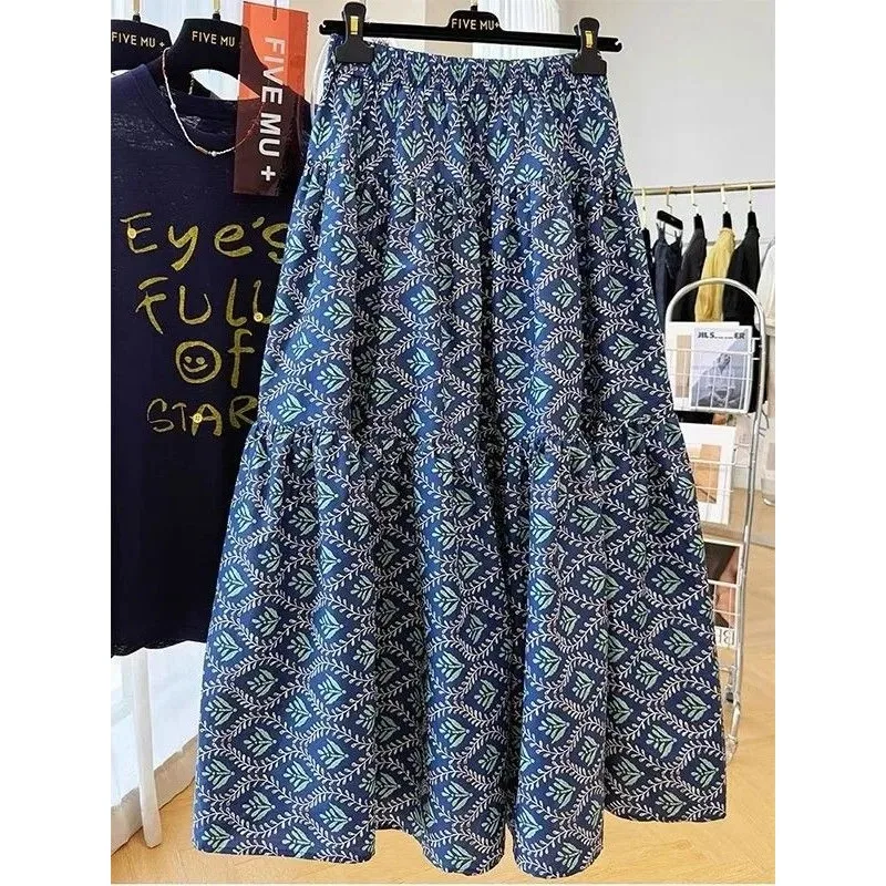 

Литературная ретро-юбка рами с эластичной резинкой на талии, женская новая летняя свободная юбка длиной до колена