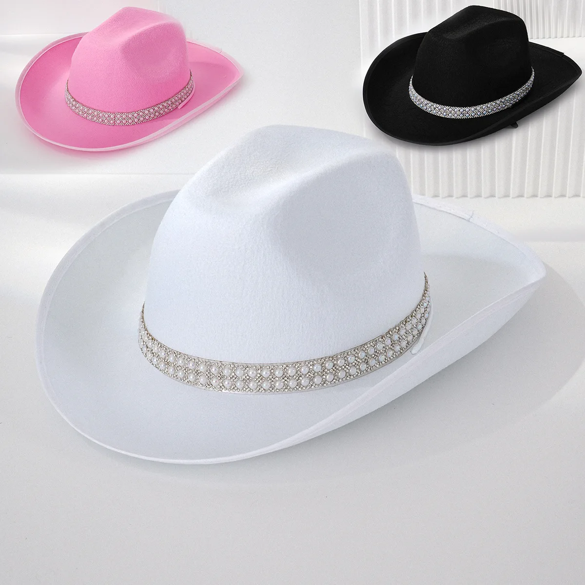 ホンルアン-ホワイト-アジャスタブル-人工パール-カウボーイハット-女性用＆ウエスタン-カウボーイハット-女性用-カウガール、カウボーイアクセサリー-男性用