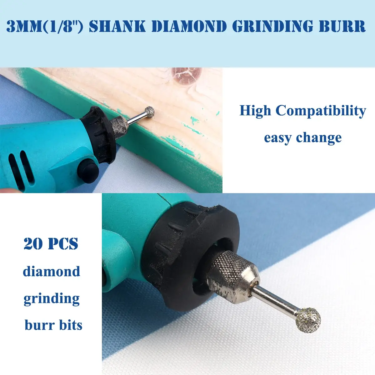 Diamante moagem cabeça para ferramenta rotativa Dremel, rebarbatanas definir acessórios, brocas, diamante Rotary arquivos, variedade de formas, 20PCs
