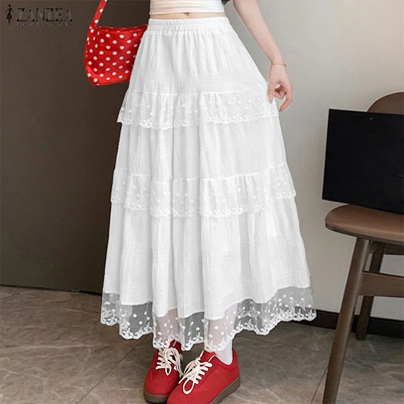 ZANZEA Women Fashion Lace Skirts Spring Autumn High Waist Patchwork Ruffled Elastic Waist Jupes Faldas Saia Oversize Maxi Bottom