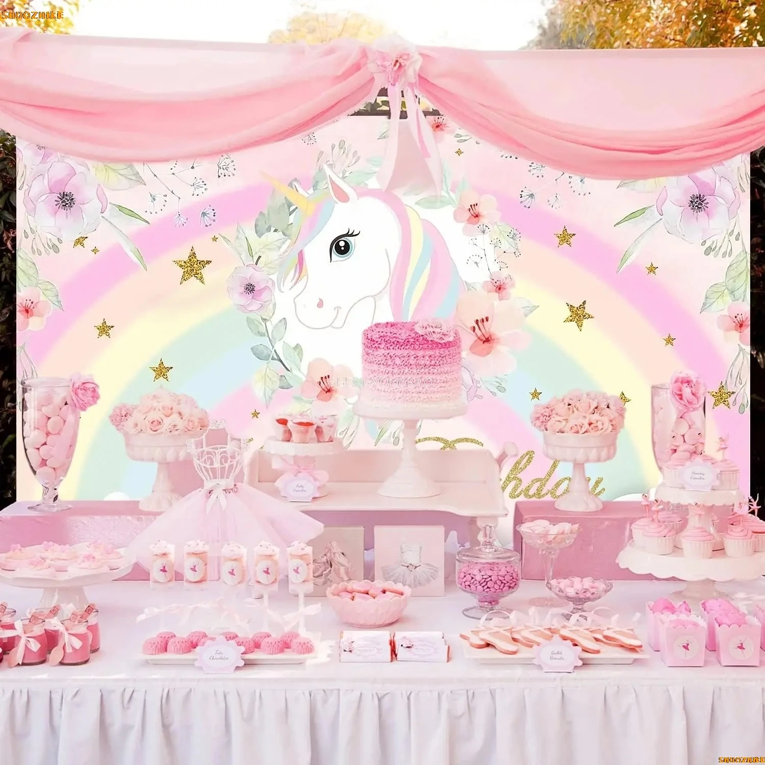 

Rainbow Unicorn Backdrop Birthday Decoration Floral Glitter Star Photography Background Baby Shower Photo Studio Shoots UN-01