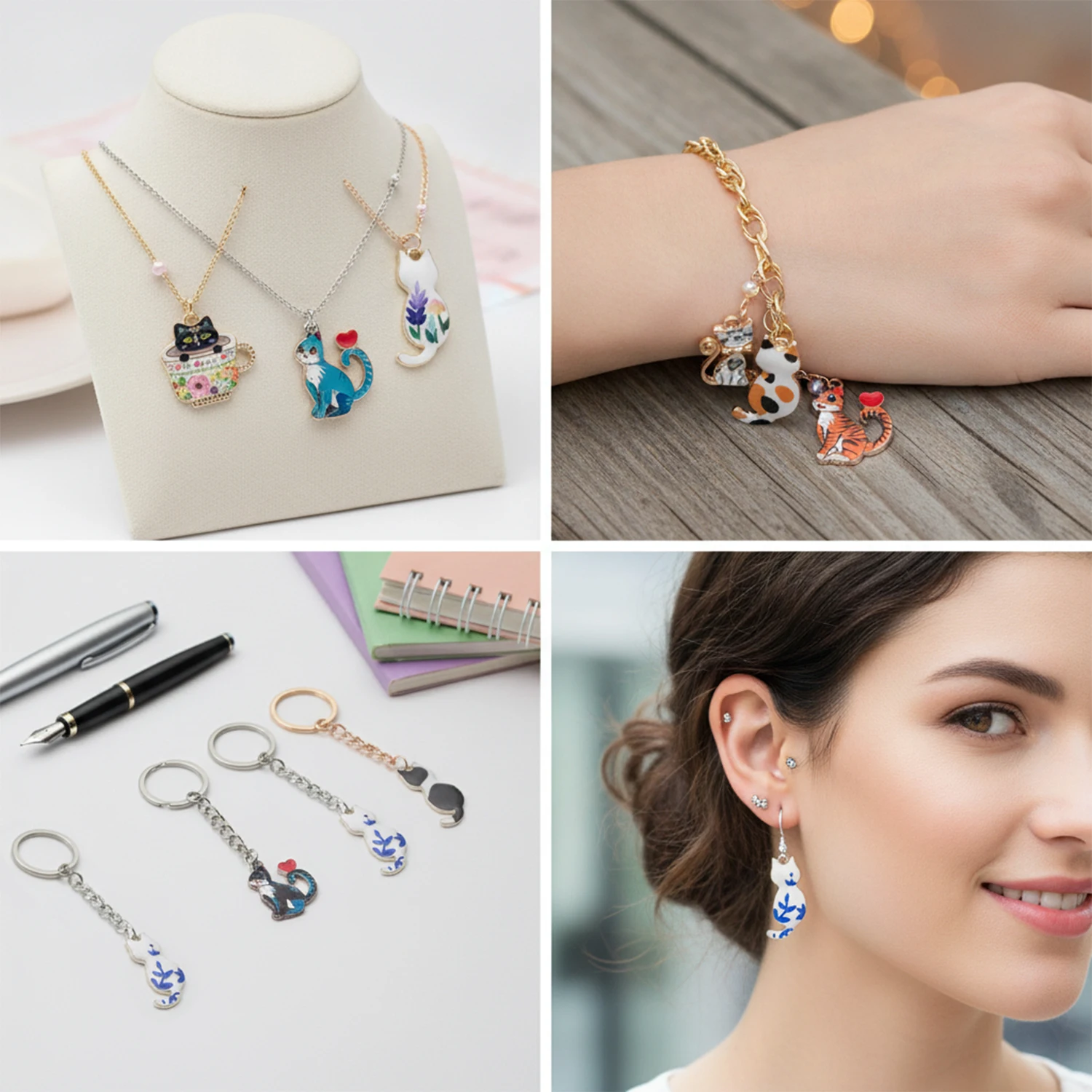 20pcs Cute Printed Cat Charms for DIY Jewelry Making