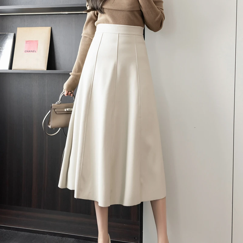 

Autumn Winter Patchwork A-line PU Leather Skirts Zipper Elegant Flared Mid-calf Long Beige Faux Leather Skirts