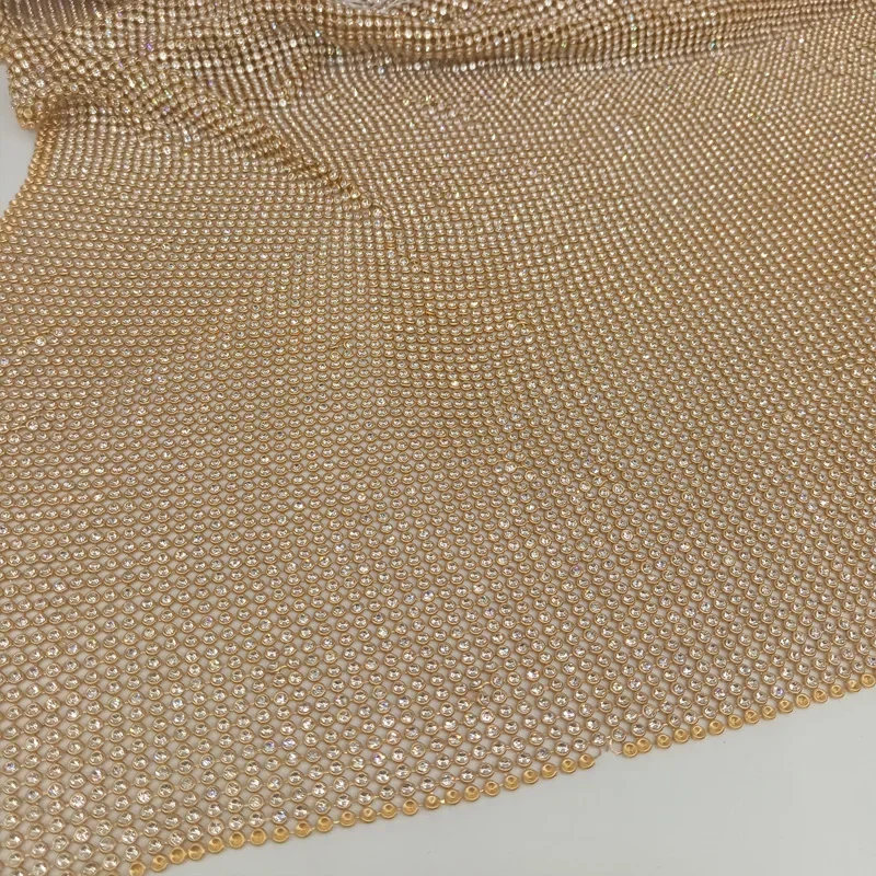 45x120cm Sparkly Gold Base Rhinestone Metal Mesh Chainmail Fabric For DIY Sewing Cosplay Dress Bag Garment Body Jewelry